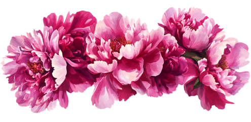 banner of Set of row of pink peonies isolated on white. Pink flowers with leaves on white background PNG.AI GENERATED