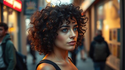 A close portrait of a beautiful, confident woman with curly hair looking sternly and confidently 