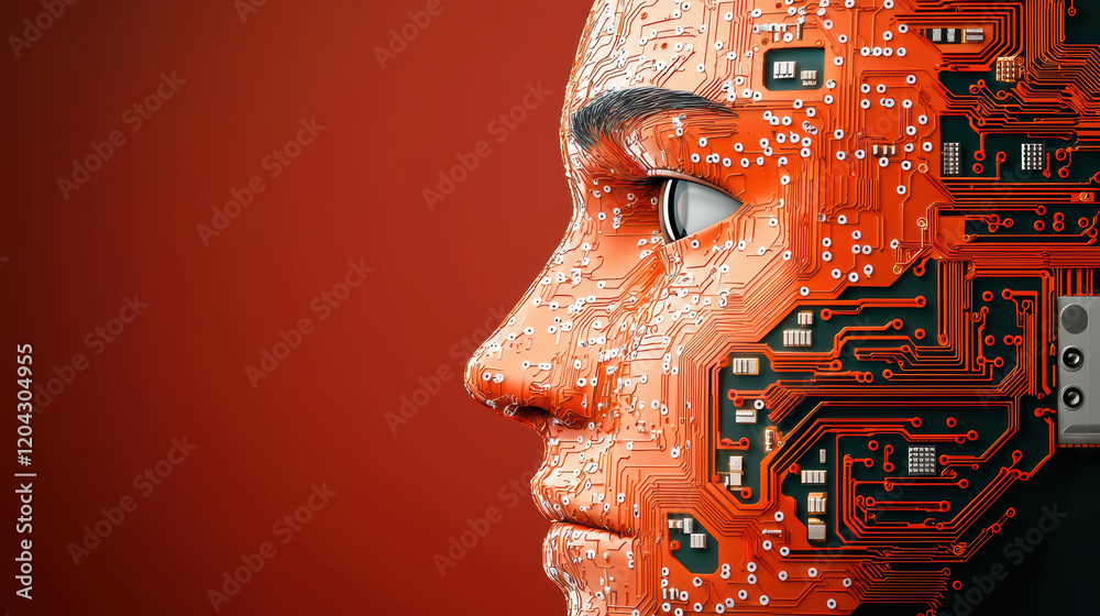 Poster digital face with circuit patterns and orange background