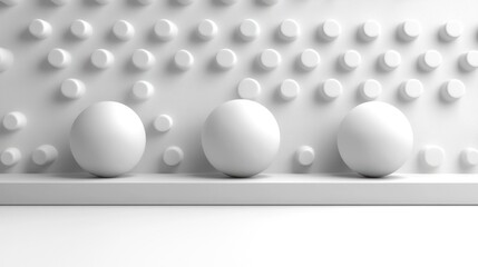 Three white spheres arranged on a minimalist shelf against a textured white wall, creating a serene atmosphere
