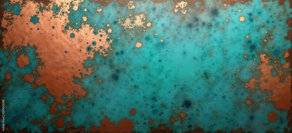 Poster oxidized copper plating creates distressed effect on teal, green concrete surface. distinctive coppe