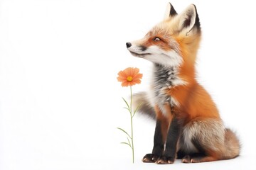 Fototapeta premium Red fox sitting and looking at an orange cosmos flower on a white background, perfect for nature and wildlife projects