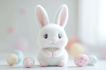 Obraz premium Cute baby Easter bunny surrounded by colorful eggs in a soft, pastel setting during springtime celebrations