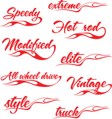 Vector word flame designs set for racing and hot rod vehicle vinyl decals. Ready-to-cut decorative graphics, great for sport cars, ATVs, off-road vehicles, trucks, motors and bikes.