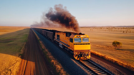 Greenhouse Gas, A high-resolution image of a coal train transporting raw coal through a rural area, showcasing industrial transport and natural landscape.