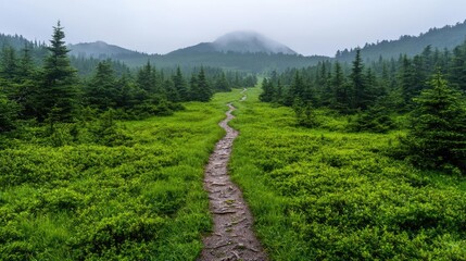 Fototapeta premium Mountain trail through lush greenery on a misty day; nature background for travel or adventure themes