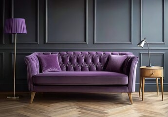 A purple velvet sofa with wooden legs sits against the wall of dark gray walls.