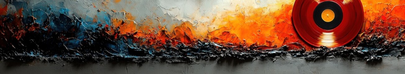 Vibrant abstract art with red vinyl record on textured canvas