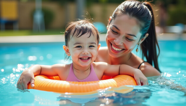 Mother smiling while helping child float with arm floaties on pool day