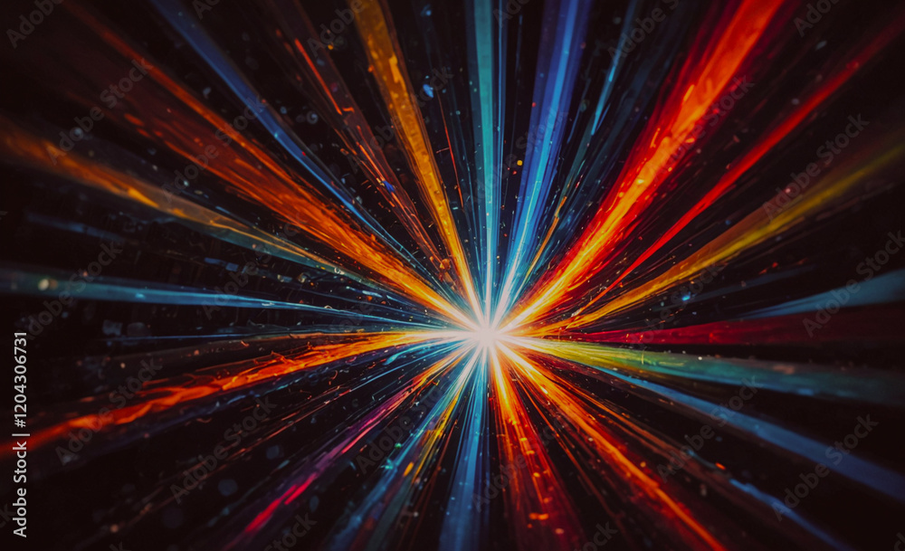 Poster a colorful light show with a bright yellow star in the center. the colors are vibrant and the light 