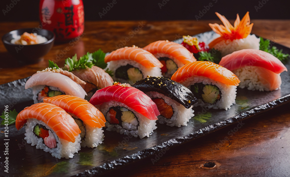 Poster A tray of sushi with a variety of different colored fish. The sushi is arranged in a way that makes it look like a colorful and appetizing display