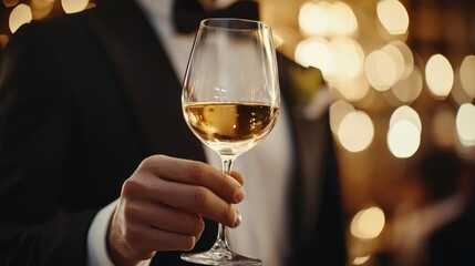 Elegant Man in Tuxedo Toasting with Wine Glass at Upscale Event