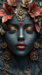 Serene woman, ornate headdress, flowers, calm expression, spiritual art