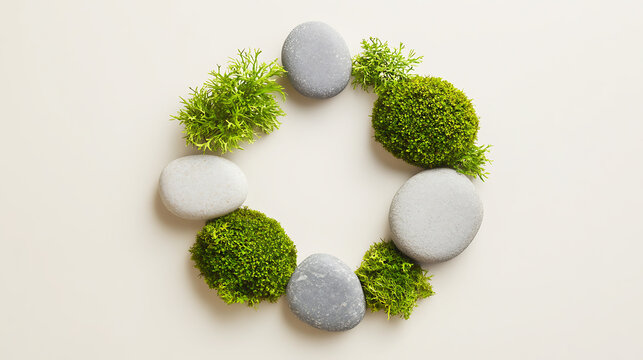 Creative Earth Day design featuring moss-covered stones arranged in a circular pattern, symbolizing unity and sustainability