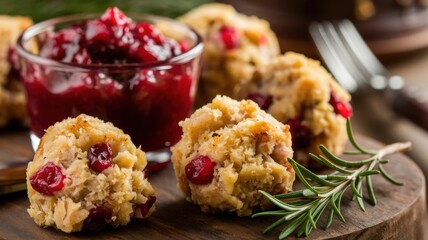 Balls stuffed with cranberries and turkey on a wooden board. Cranberry sauce is cooked in a clear glass dish, and a sprig of fresh rosemary is placed on the board. The background is blurred.