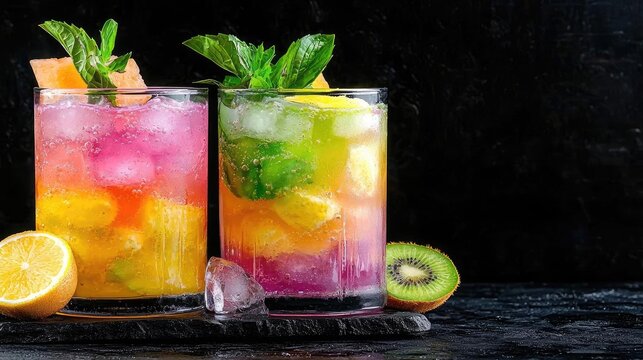 Colorful fruit cocktails, refreshing summer drinks, dark background, ideal for menus or advertisements