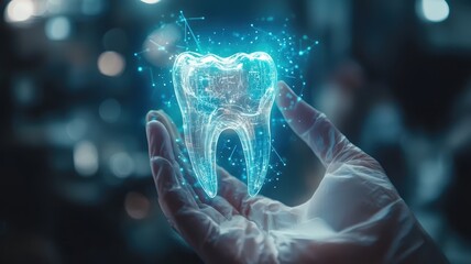 3d Dental professional wearing gloves holding glowing digital tooth, showcasing technology and futuristic healthcare clinic teeth care service, and innovative medical