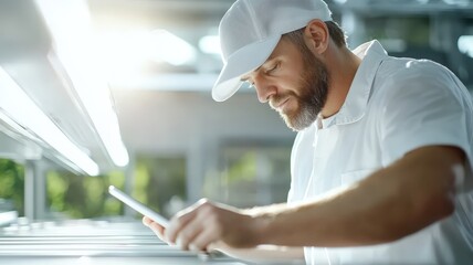 Male professional using digital tablet Concentrated professional analyzing medical research data, handling test tubes in advanced laboratory setting