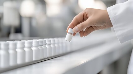Pharmaceutical worker checking medicine bottle quality during manufacturing process on sterile production line conveyor
