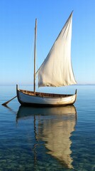 Fototapeta premium Sailing boat with white sail gliding on calm waters during clear day. Generative AI