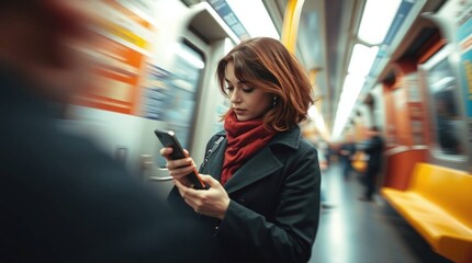woman in metro train busy looking at her phone