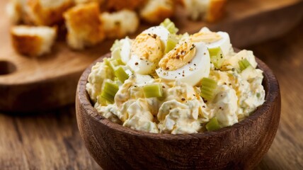 Egg salad in a wooden bowl. Salad with boiled quail eggs, celery and mayonnaise. Season the salad with salt and pepper.