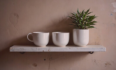 Three white cups and a plant are on a shelf. The shelf is white and the wall is beige