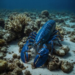 A striking blue lobster on the ocean floor.