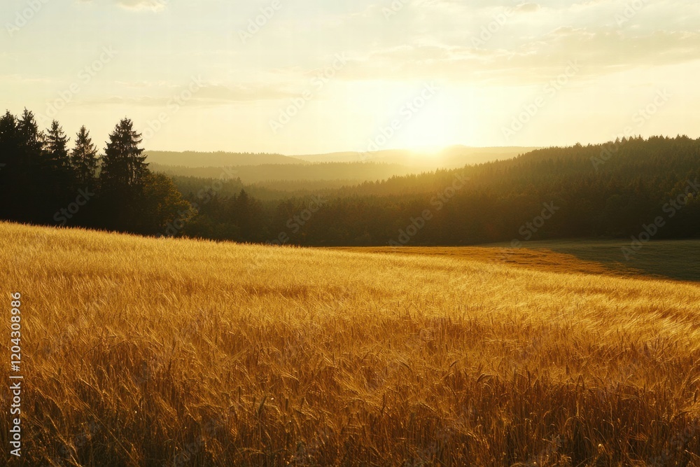 Poster golden wheat field during sunset in a tranquil landscape with distant hills. generative ai