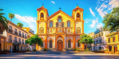 Fototapeta premium A beautiful church in the center of a town square, with a large front view of the architecture featuring vibrant colors and a blue sky.