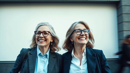 two happy looking elderly business woman smiling