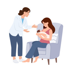 Breastfeeding consultation lactating. Woman holding and breastfeeding infant baby. Doctor talking with young mother. Healthcare concept . Flat vector illustration