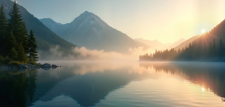 Misty dawn breaks over tranquil mountain lake. Serene nature landscape with rising mist. Calm water reflects mountains, trees. Peaceful, quiet scene. Picturesque view of serene nature. Perfect