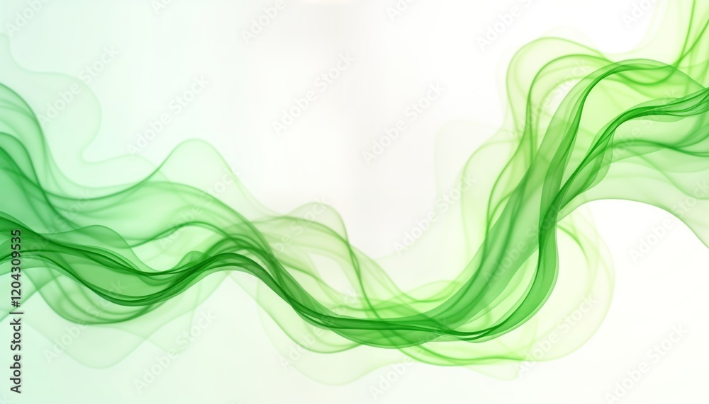 Poster Abstract design with glowing green wisps. Flowing curves create soft shapes on transparent background. Style artistic, digital. Image looks like neon light wave smoke. Ideal for backgrounds headers.