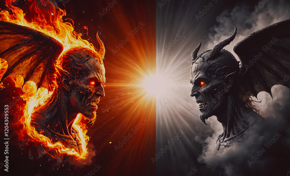 Poster two demonic looking figures with one having a red eye and the other having a black eye. the red eye 
