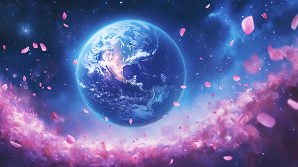 Vibrant Earth Day galaxy theme with planet Earth surrounded by cosmic colors, highlighting global unity and environmental sustainability