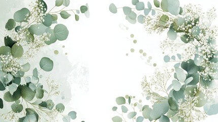 Soft watercolor eucalyptus leaves, delicate botanical illustration, muted sage green palette, ethereal floral pattern, minimalist nature design, gentle white background, wispy foliage, subtle texture,