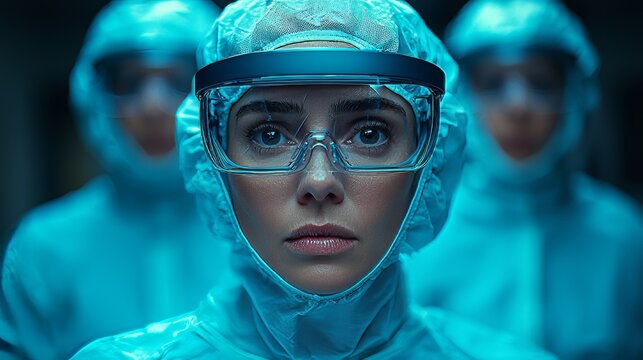 Multiethnic surgeons in AR headsets operate in a high-tech operating room