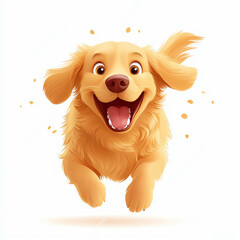 A joyful golden retriever, playfully bounding with a big smile, embodies happiness and vitality. Its fur shines brightly, showcasing the dog's friendly and energetic personality.