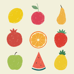 Set of crayon hand-drawn fruits: apple, pear, pineapple, cherry, pomegranate, watermelon, lemon. Vector illustration