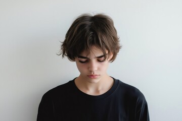 Portrait of a sad teenager looking down, expressing negative emotions and depression, on a simple white background