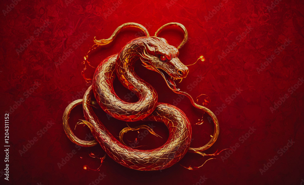 Aufkleber a gold snake with red eyes and a red background. the snake is curled up and he is angry