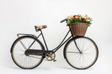 Black vintage bicycle with wicker basket full of colorful flowers on white background, perfect for romantic concepts
