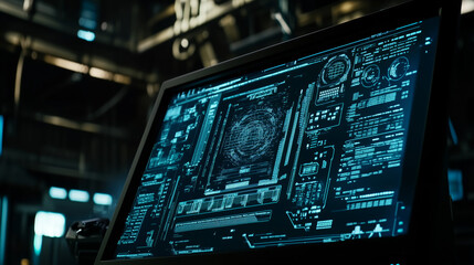 Obraz premium Close-up shot of a high-tech computer screen, displaying detailed coding and futuristic data interfaces.
