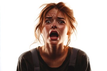 Close up portrait of a surprised redhead woman with mouth open and eyes wide, expressing astonishment and disbelief on a white background