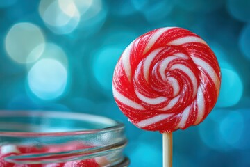 A vibrant red lollipop sticking out from a narrow opening in a candy jar.