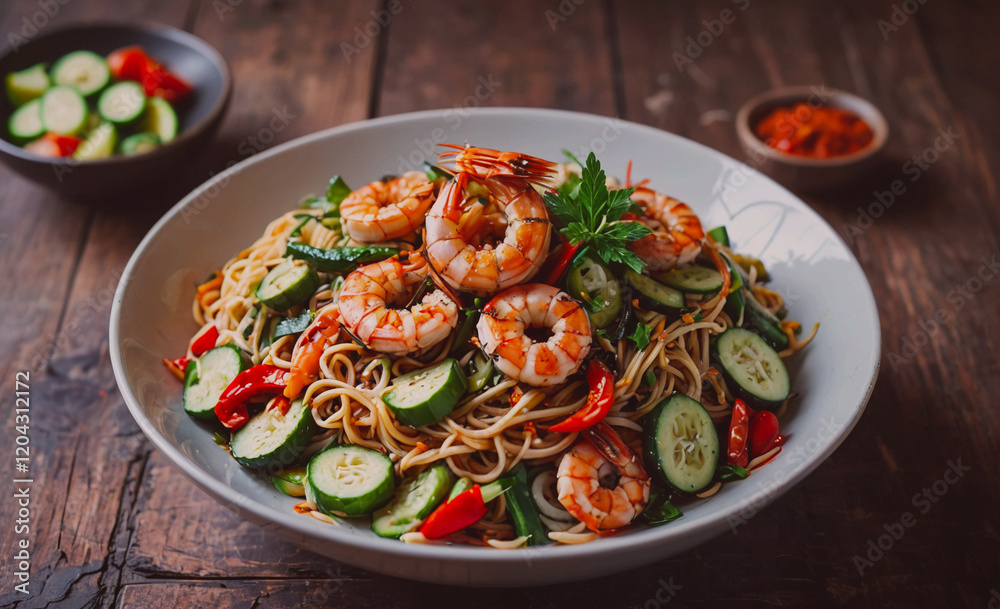 Poster a plate of shrimp and vegetables is on a wooden table. the plate is full of food and the vegetables 