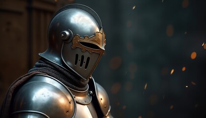 Fototapeta premium Close-up view of medieval knight in shining armor. Knight wears detailed helmet with heraldic crest. Armor detailed, showing protection, strength. Knightly figure in historical setting. Potential