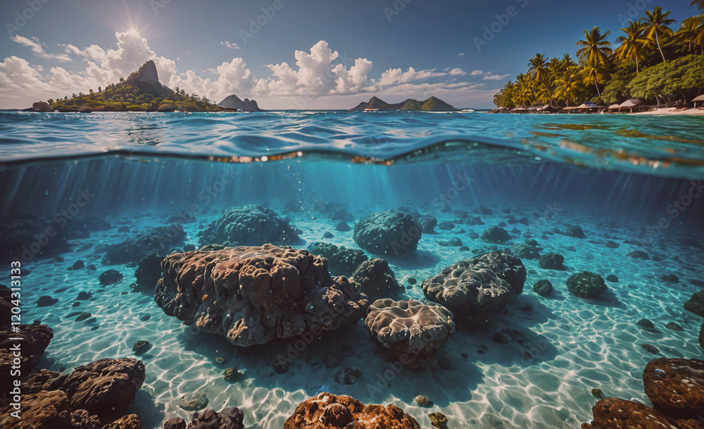 Aufkleber a beautiful ocean scene with a rocky shoreline and a mountain in the background. the water is clear 