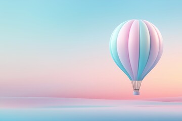 Obraz premium Pastel pink and blue hot air balloon floating in a serene gradient sky. Dreamy and whimsical travel or leisure concept